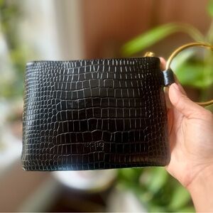 Black Croc-Embossed Wristlet with Gold Ring